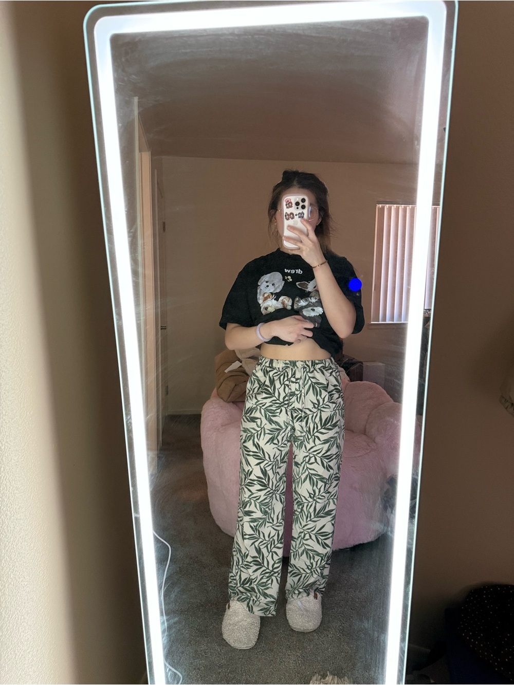 High-Rise Wide Leg Leaf Print Pants - Cream/Green